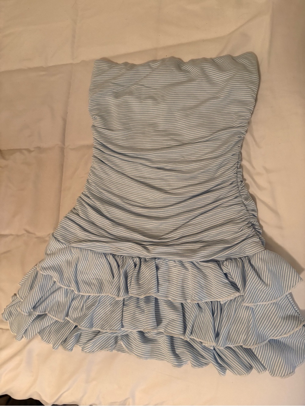 Windsor Light Blue & White Strapless Ruffle Mini Dress